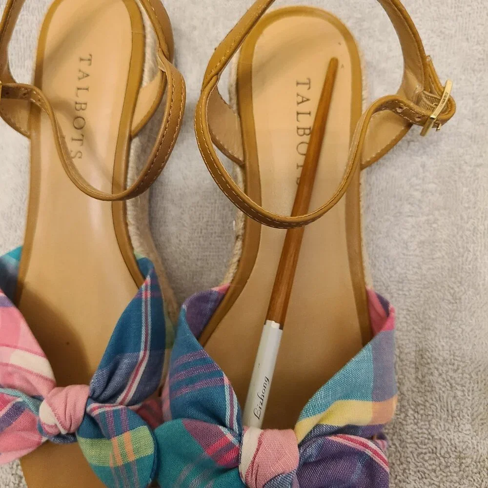 TALBOTS PAMELA TWIST PLAID ESPADRILLE WEDGES IN MADRAS PLAID